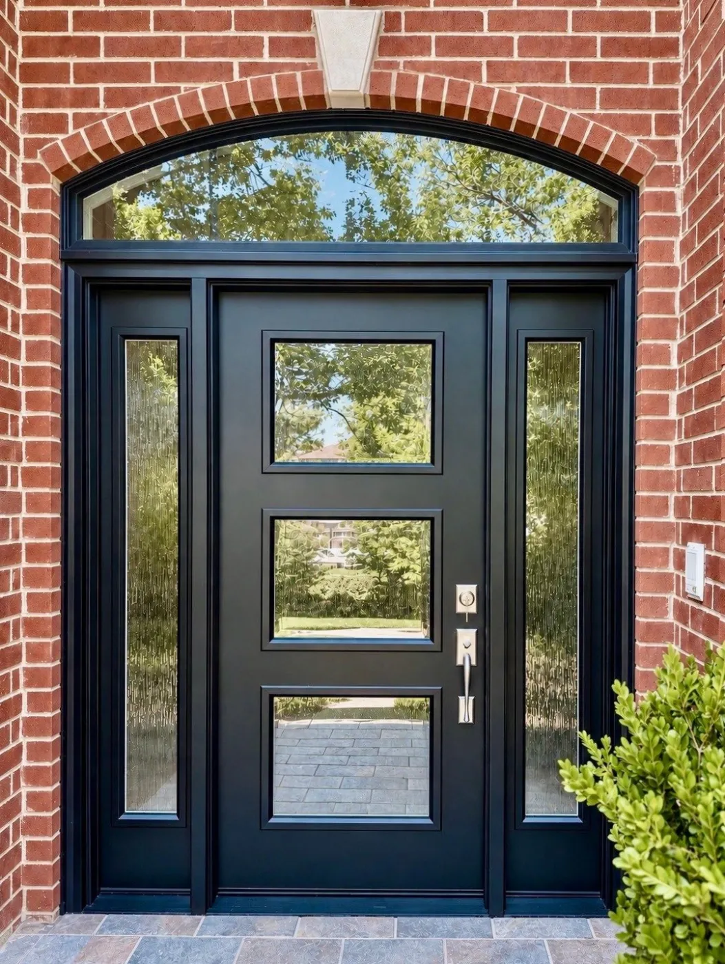 Black Provia Legacy Entry Door Sidelites Infinity By Marvin Black Transom Window Amarillo Solar Shade Texas After