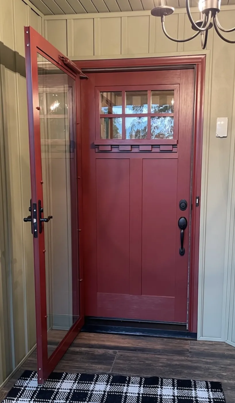 Provia Signet Fir Fiberglass Farmhouse Dentil Shelf Clear Glass Simulated Divided Lite Grids Spectrum Storm Door Amarillo Solar Shade After Storm Door Closed