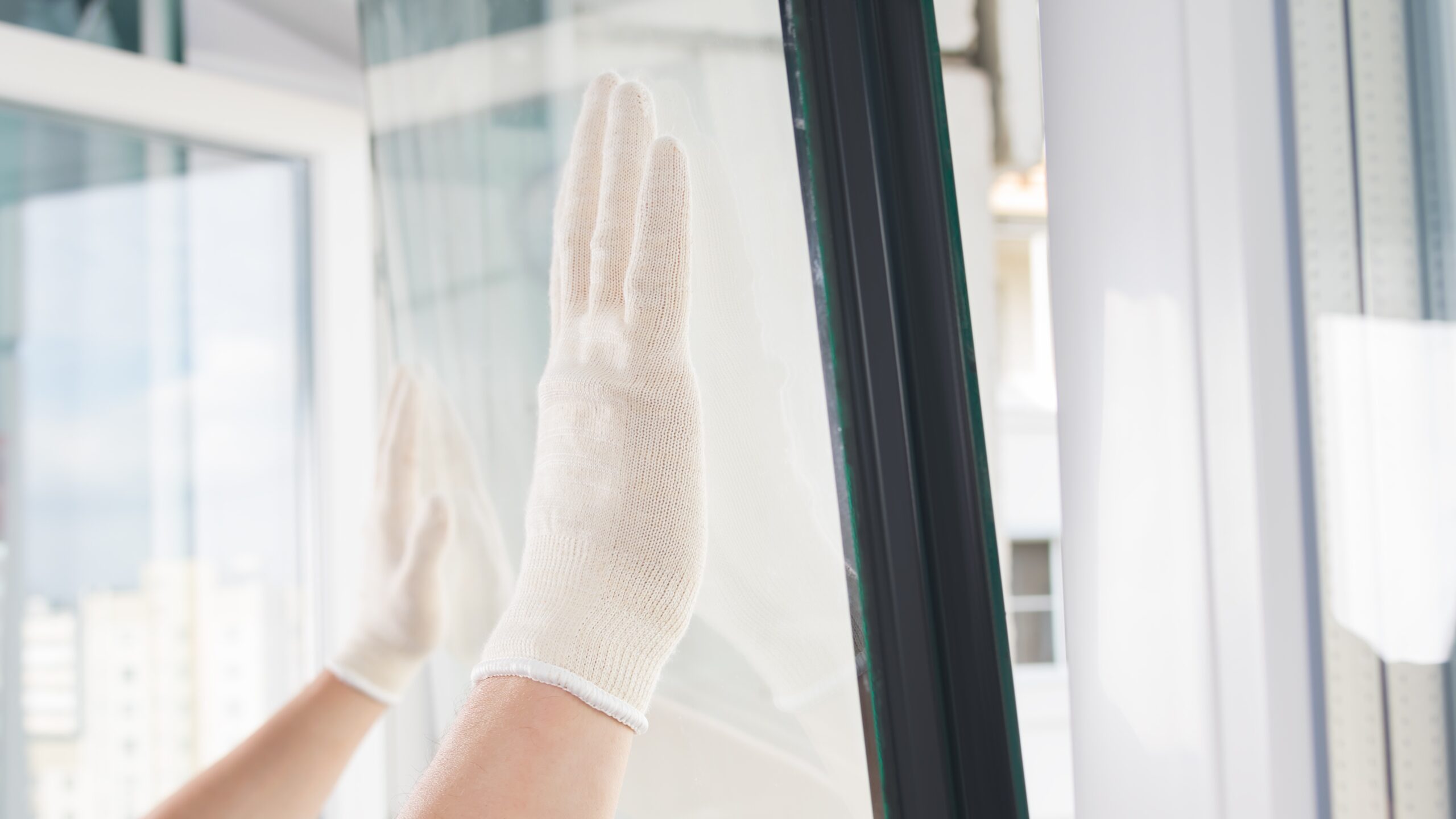A contractor’s hands are shown installing replacement window glass