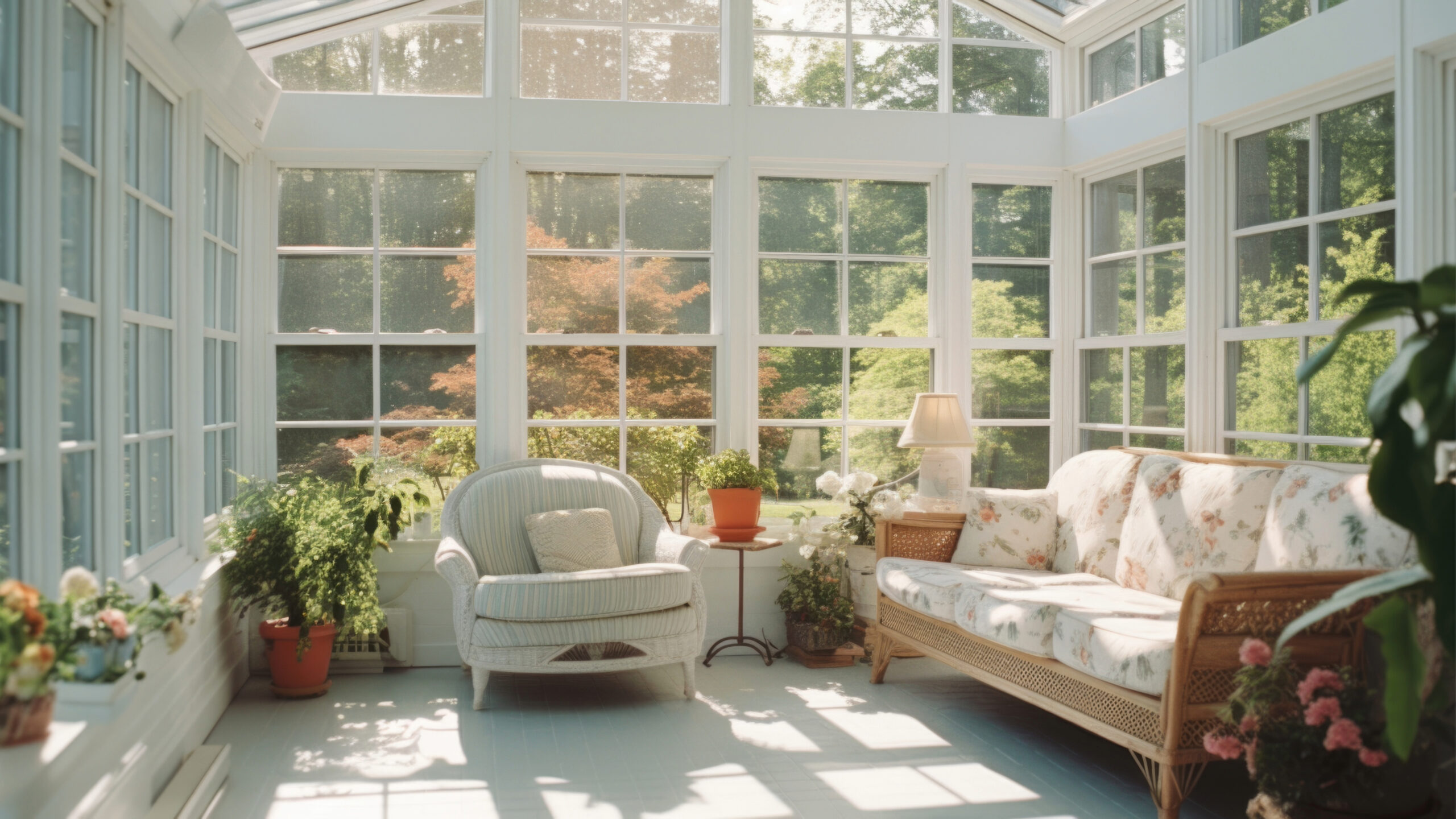 A sunroom with white windows and white furniture