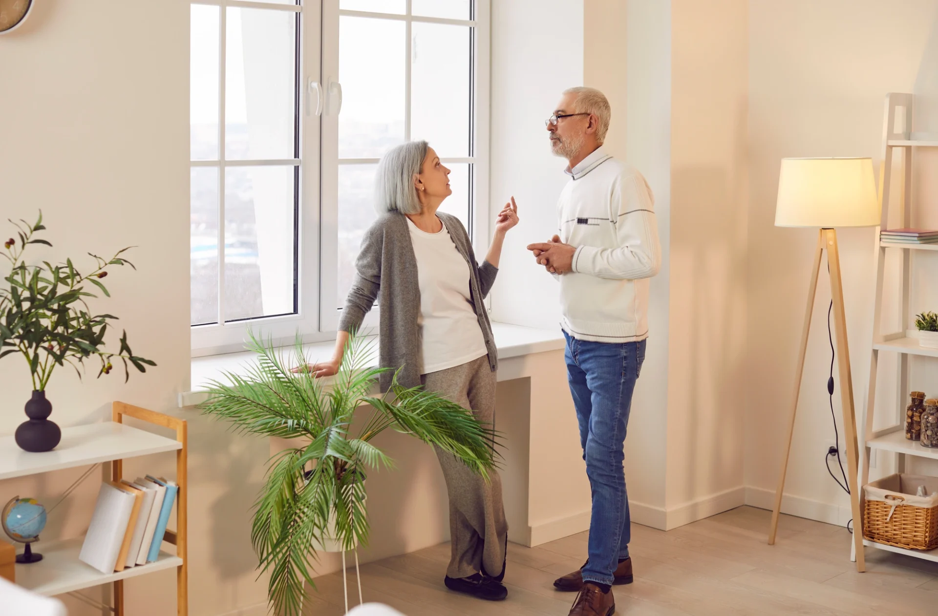 An older couple having a discussion standing in front of a replacement window in a white-walled room decorated with plants and bookshelves.