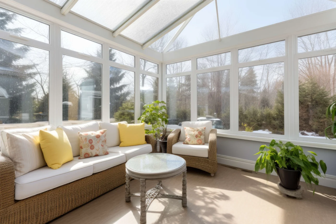 Spacious sunroom with wicker furniture overlooking trees with some snow on the ground
